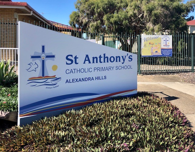entrance signage for St Anthonys Catholic Primary School Alexandra Hills, highlighting school identity, location and welcoming campus environment